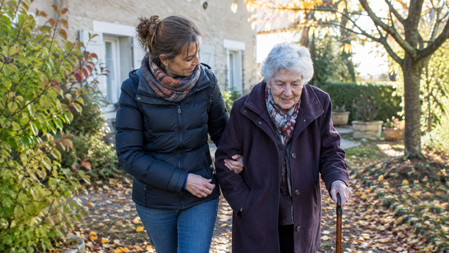 Une femme d’une cinquantaine d’années aide sa mère âgée à marcher dans le jardin d’une maison