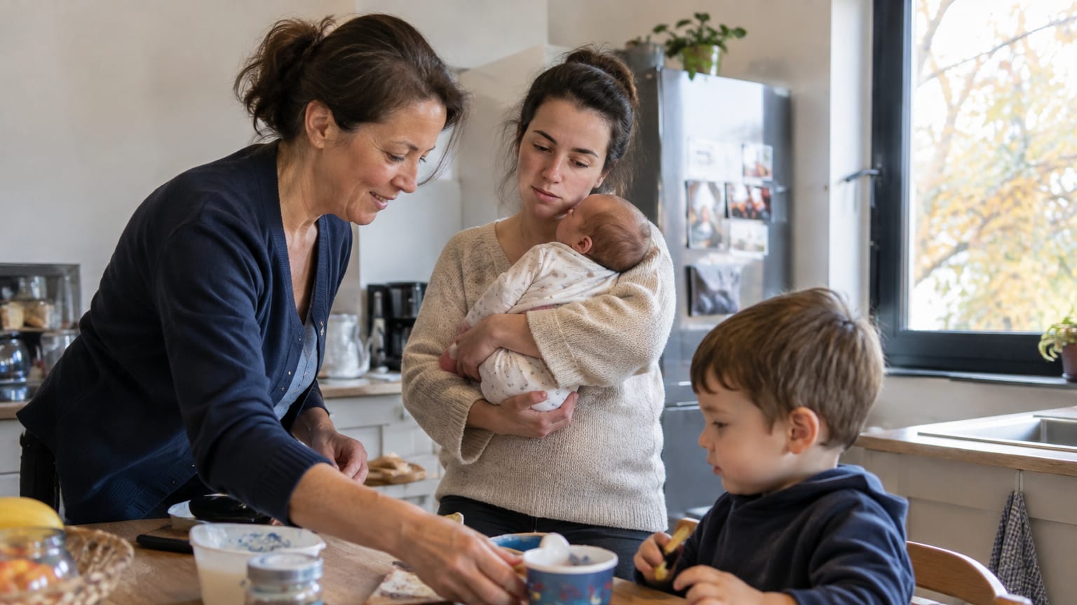 Une intervenante à domicile aide une jeune mère avec son bébé et son enfant dans la cuisine