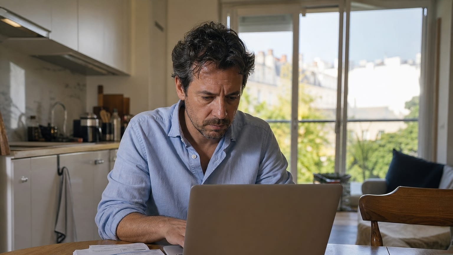 Un homme consulte son espace demandeur d’emploi sur un ordinateur portable, à la table de sa cuisine
