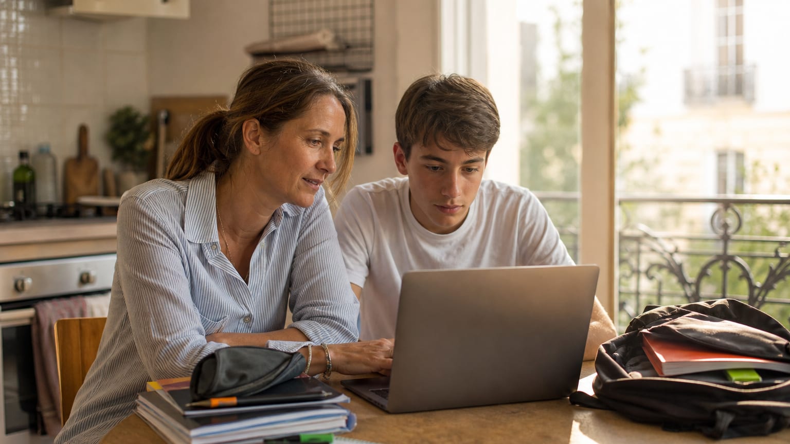 Une mère et son fils adolescent consultent le compte Caf de la famille sur un ordinateur portable, à la table de la cuisine