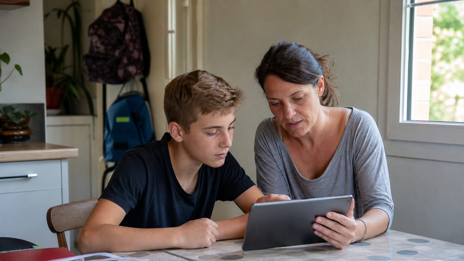 Une mère et son fils adolescent consultent un relevé bancaire à la table de la cuisine