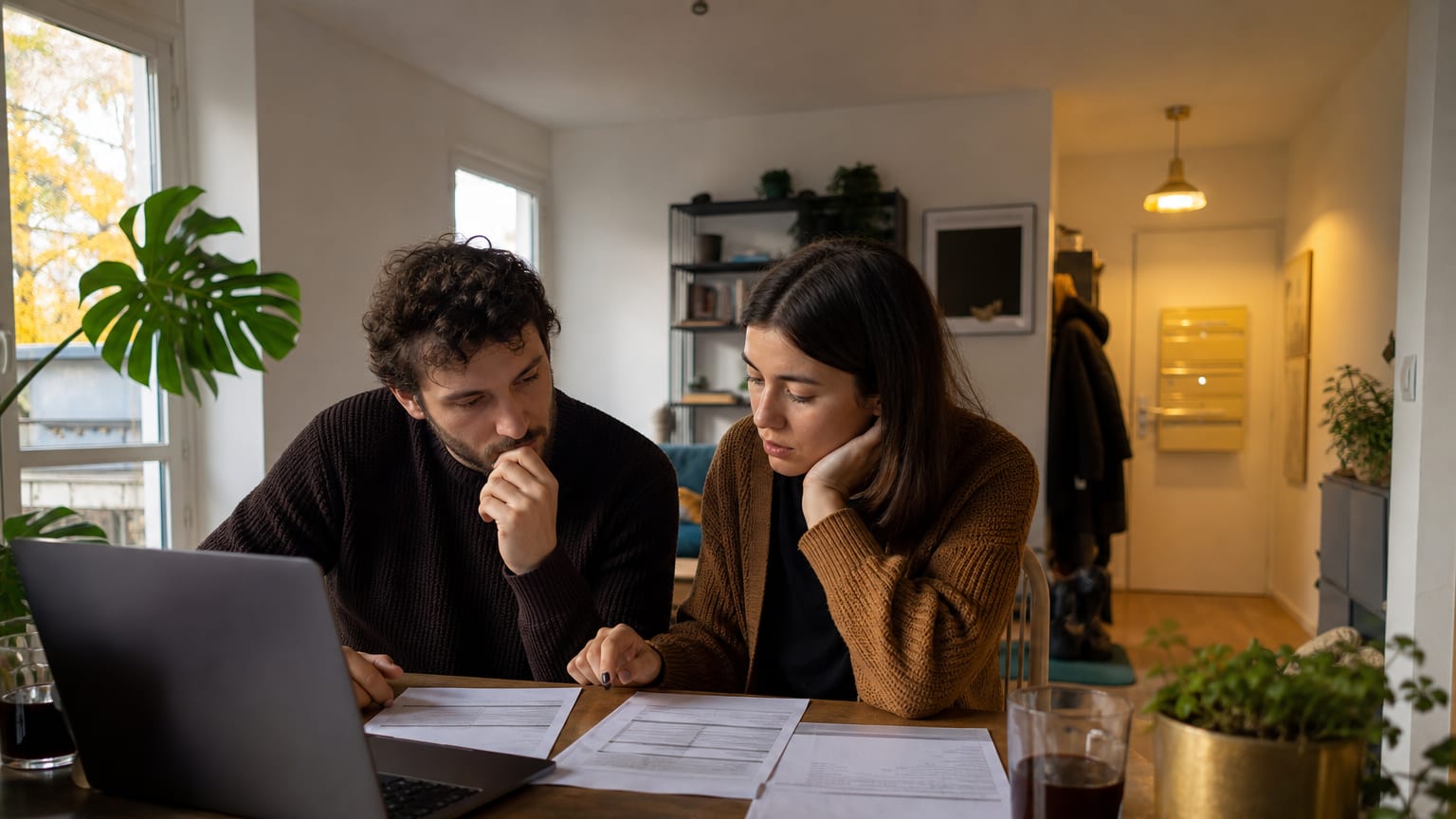 Un jeune couple examine une quittance de loyer et un relevé bancaire à la table de son salon