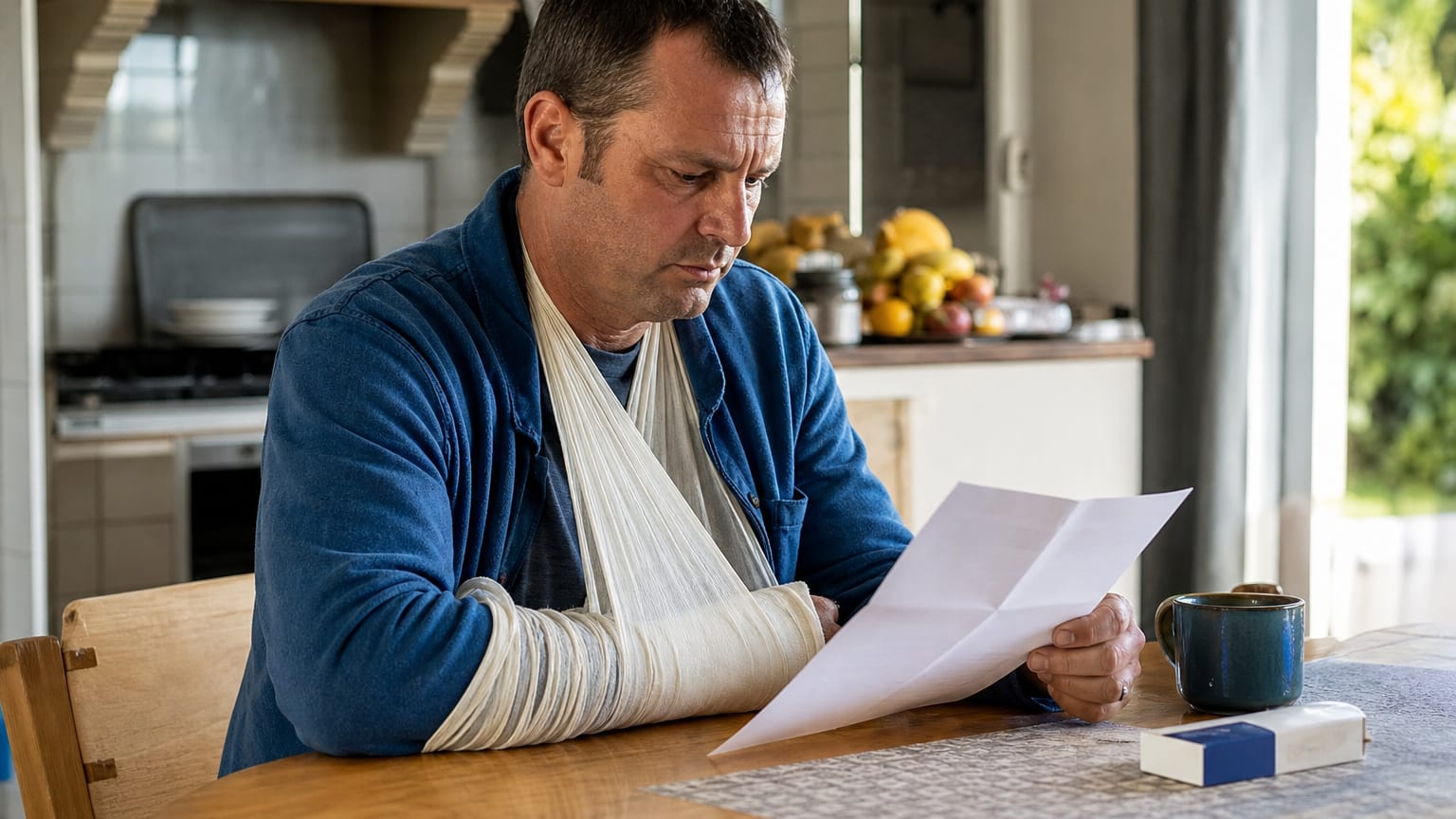 Un ouvrier en arrêt de travail, le bras en écharpe, lit un courrier de l’Assurance maladie à sa table de cuisine