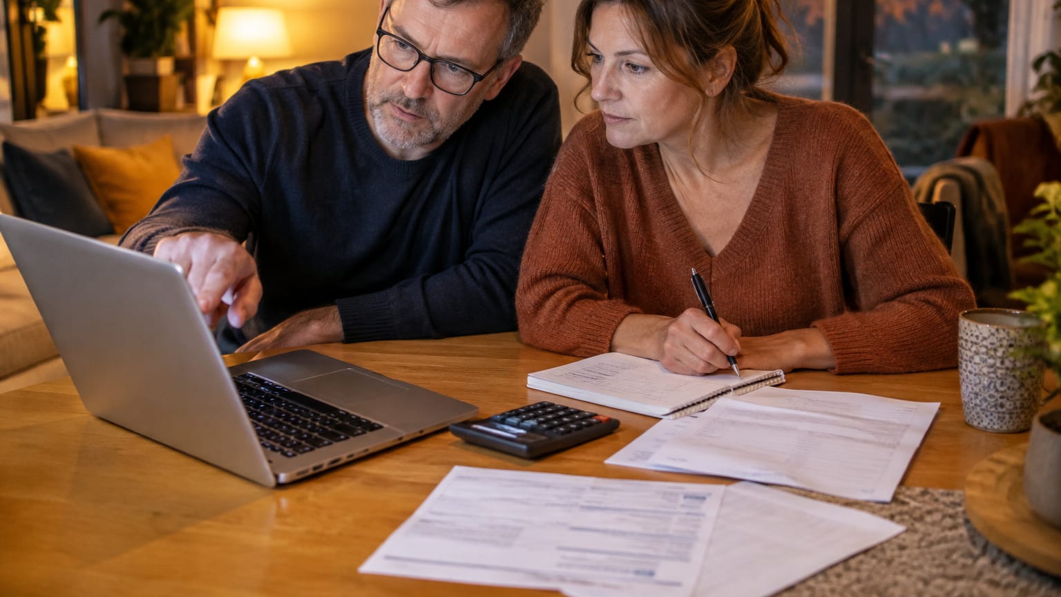 Un couple compare des devis d’assurance sur un ordinateur portable à la table du salon