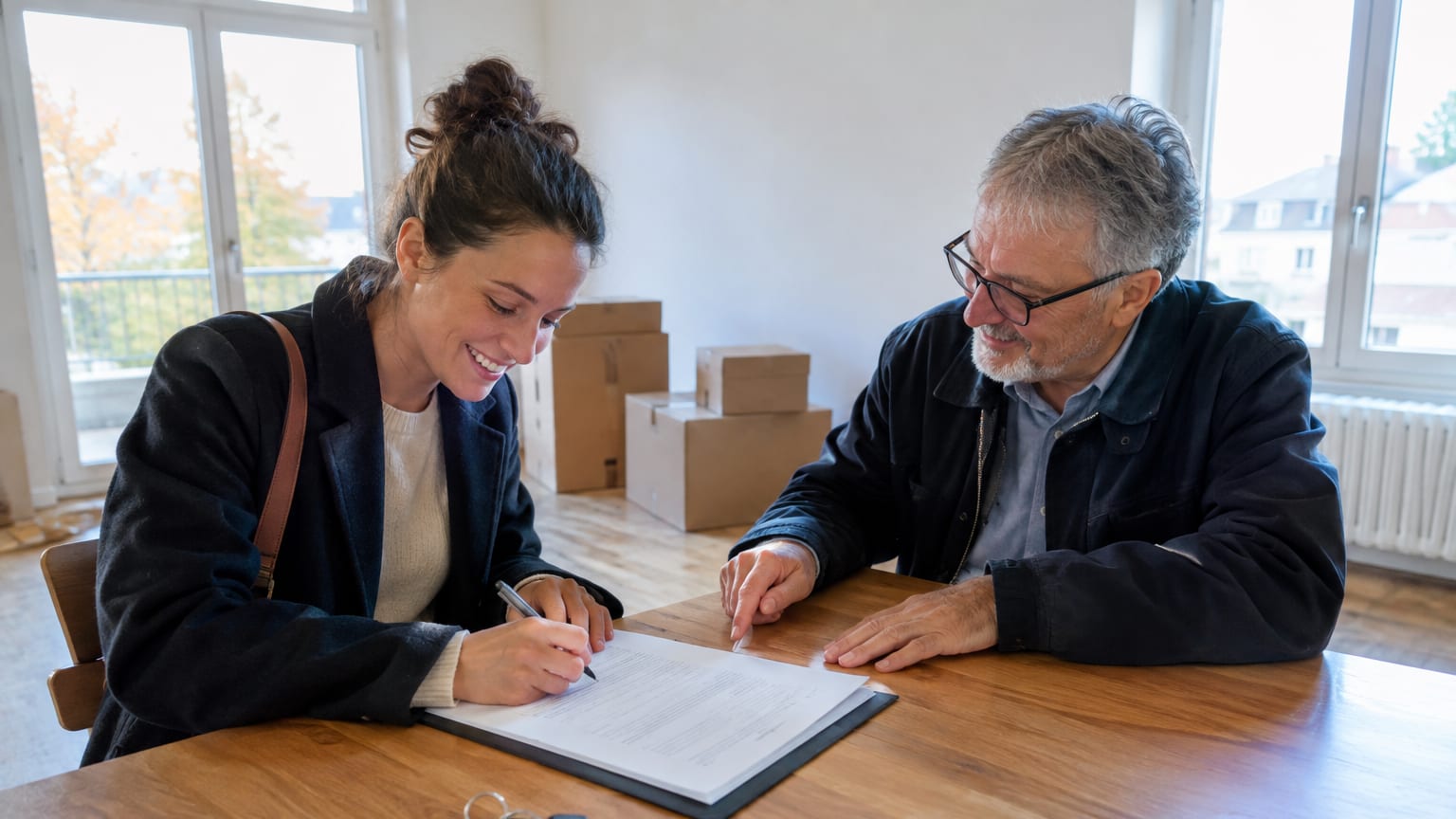 Une locataire et un propriétaire signent un bail de location sur la table d’un appartement