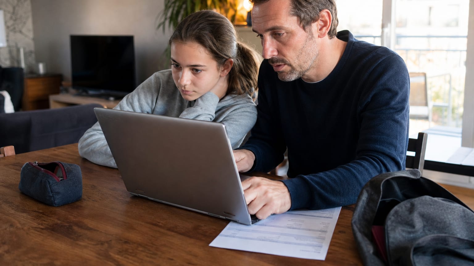 Un père et sa fille collégienne remplissent ensemble une demande en ligne sur un ordinateur portable, à la table du salon