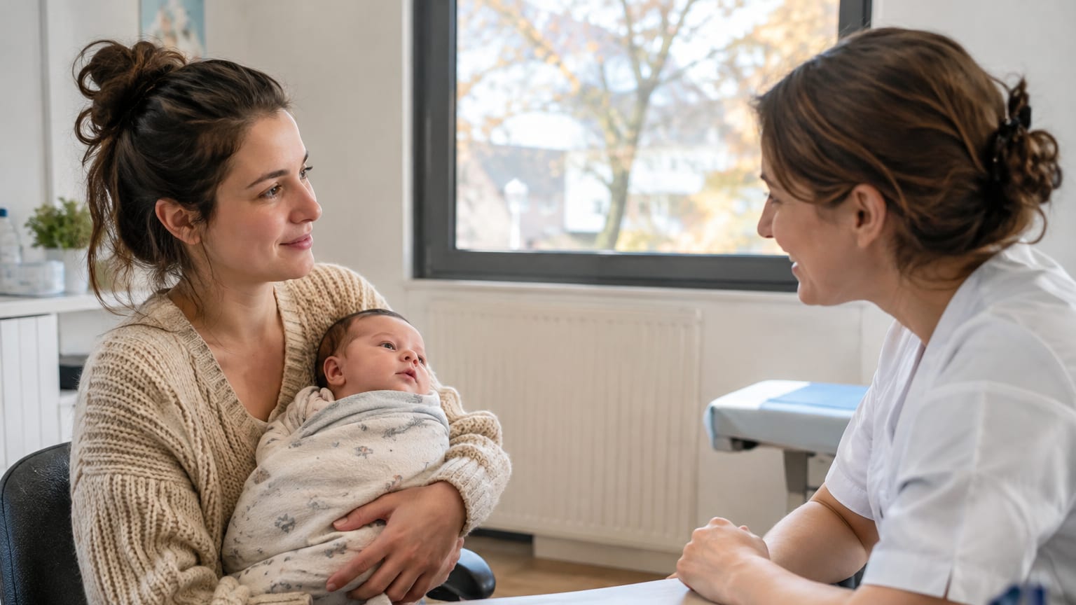 Une jeune mère tient son bébé dans les bras pendant une consultation chez une sage-femme