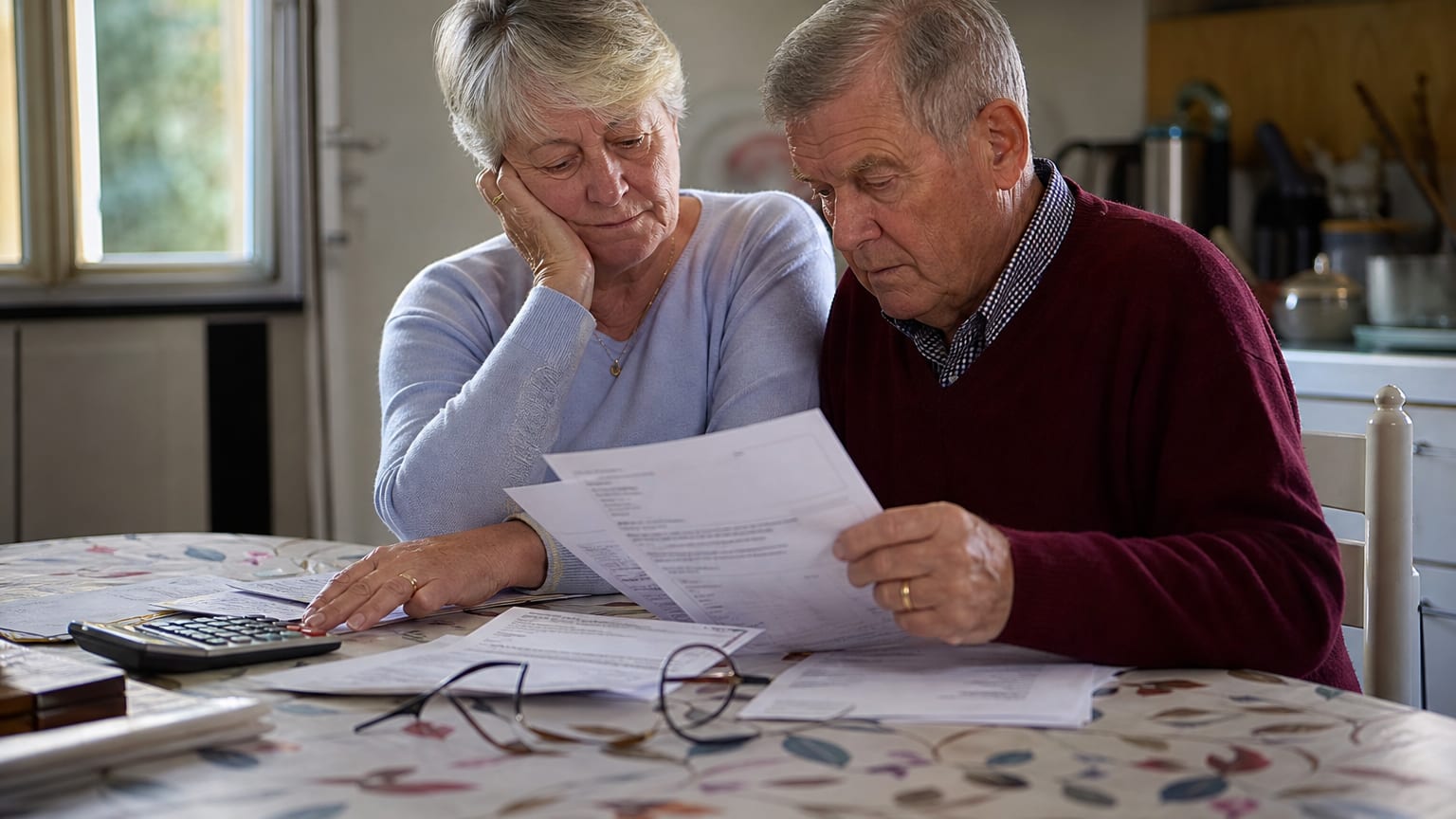 Un couple de retraités examine un relevé de pension et un avis d’impôt à la table de leur cuisine