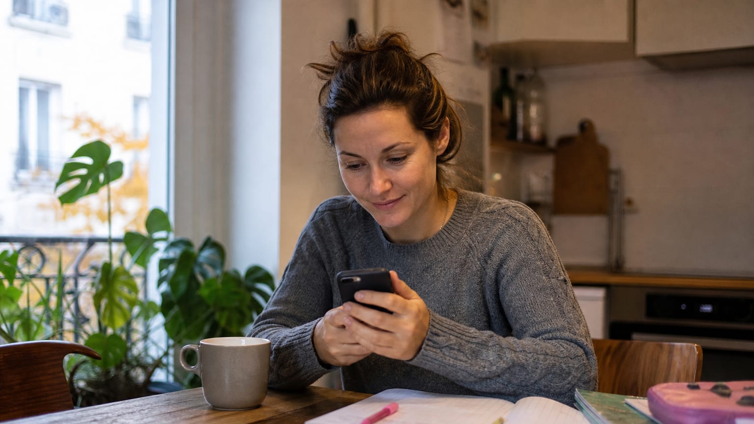 Une mère de famille consulte son application bancaire sur son téléphone dans sa cuisine, le matin