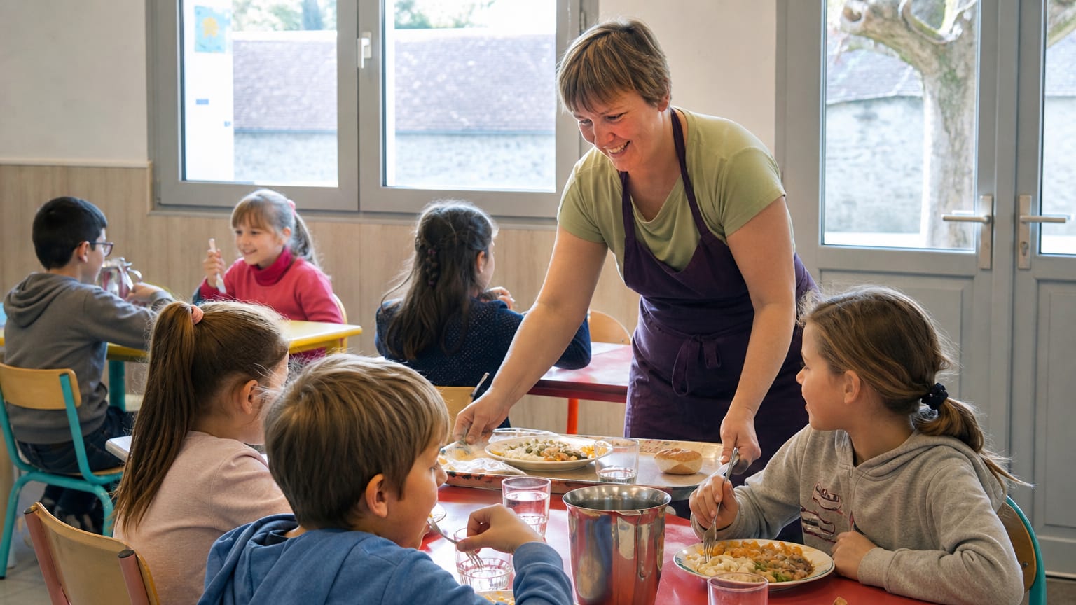 Des enfants déjeunent à la cantine d’une école primaire de village, servis par une employée municipale