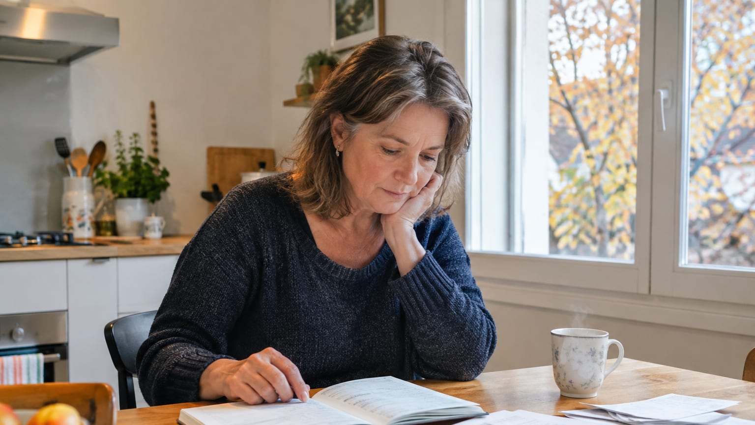 Une femme consulte son agenda et ses factures à la table de la cuisine un matin d’automne