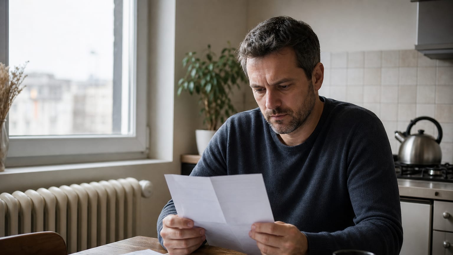 Un homme lit une facture d’électricité à la table de sa cuisine, près d’un radiateur, un matin d’automne