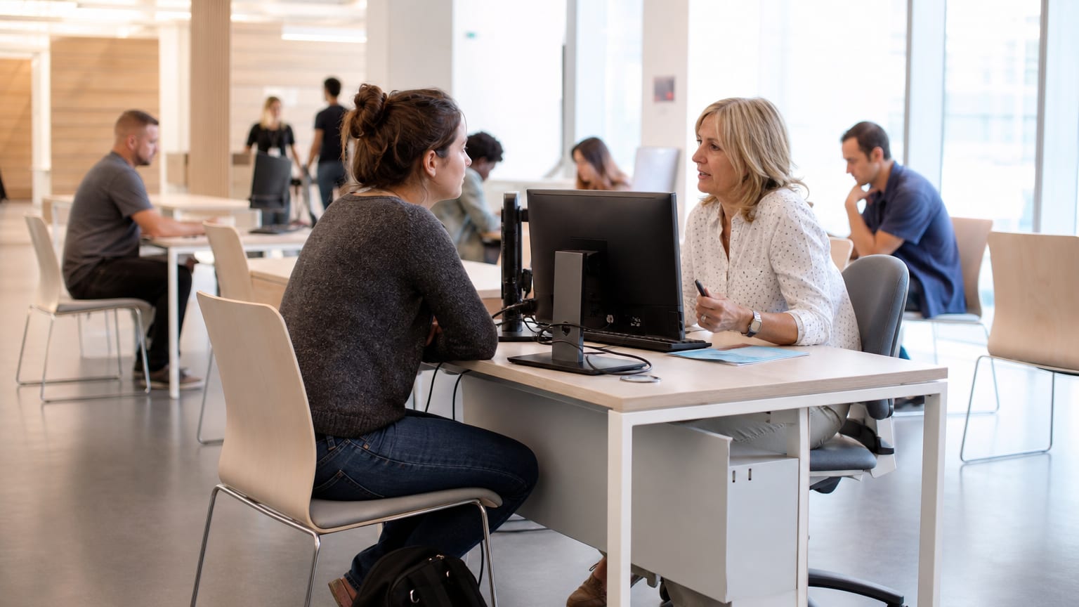 Une jeune femme échange avec une conseillère dans une agence France Travail, un matin de rentrée