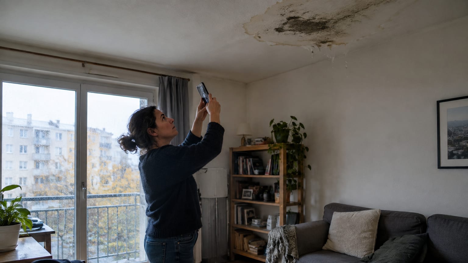 Une femme constate une tache d’humidité au plafond de son appartement sous une terrasse