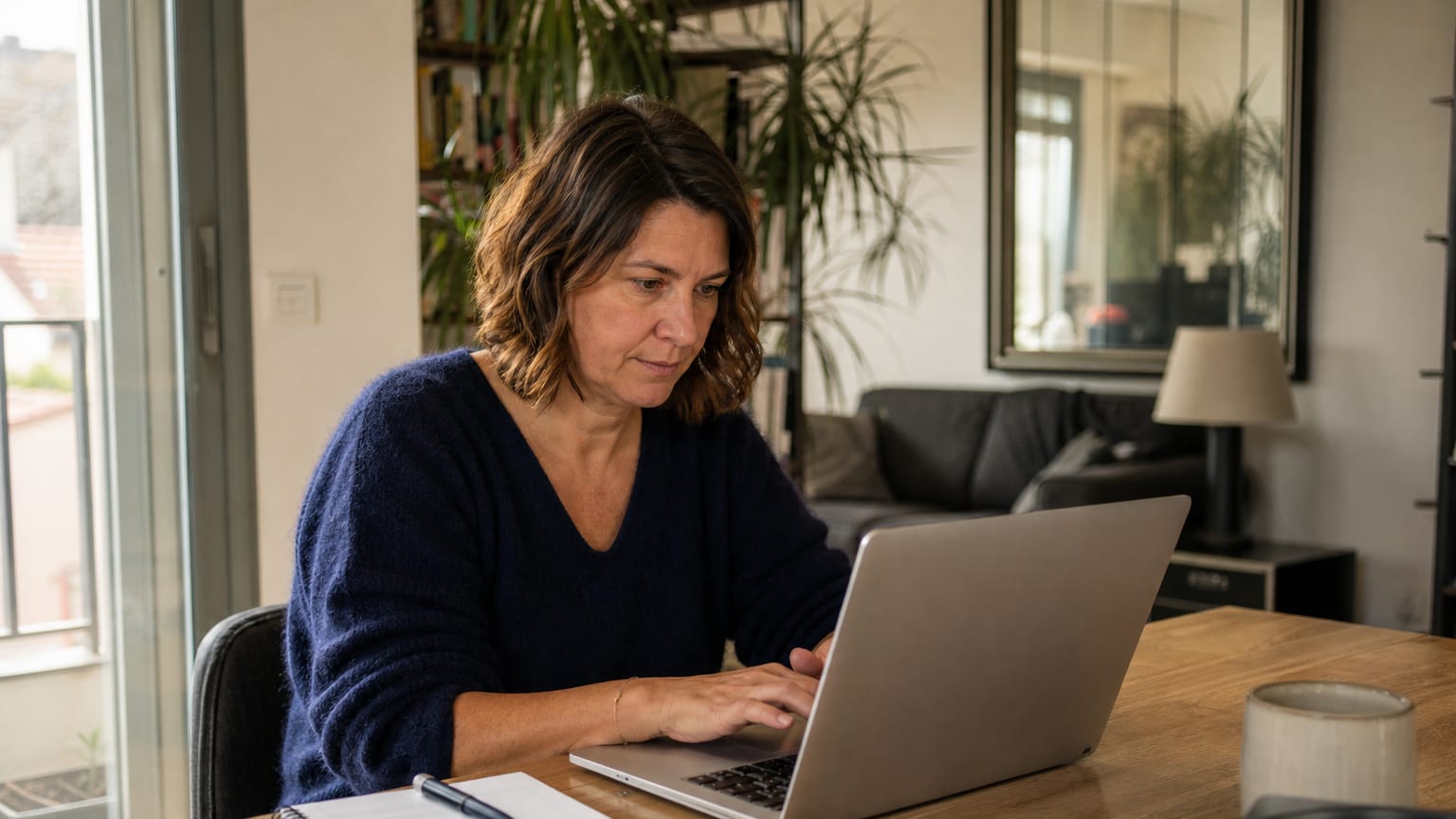 Une femme consulte son compte formation sur un ordinateur portable, assise à la table de son salon