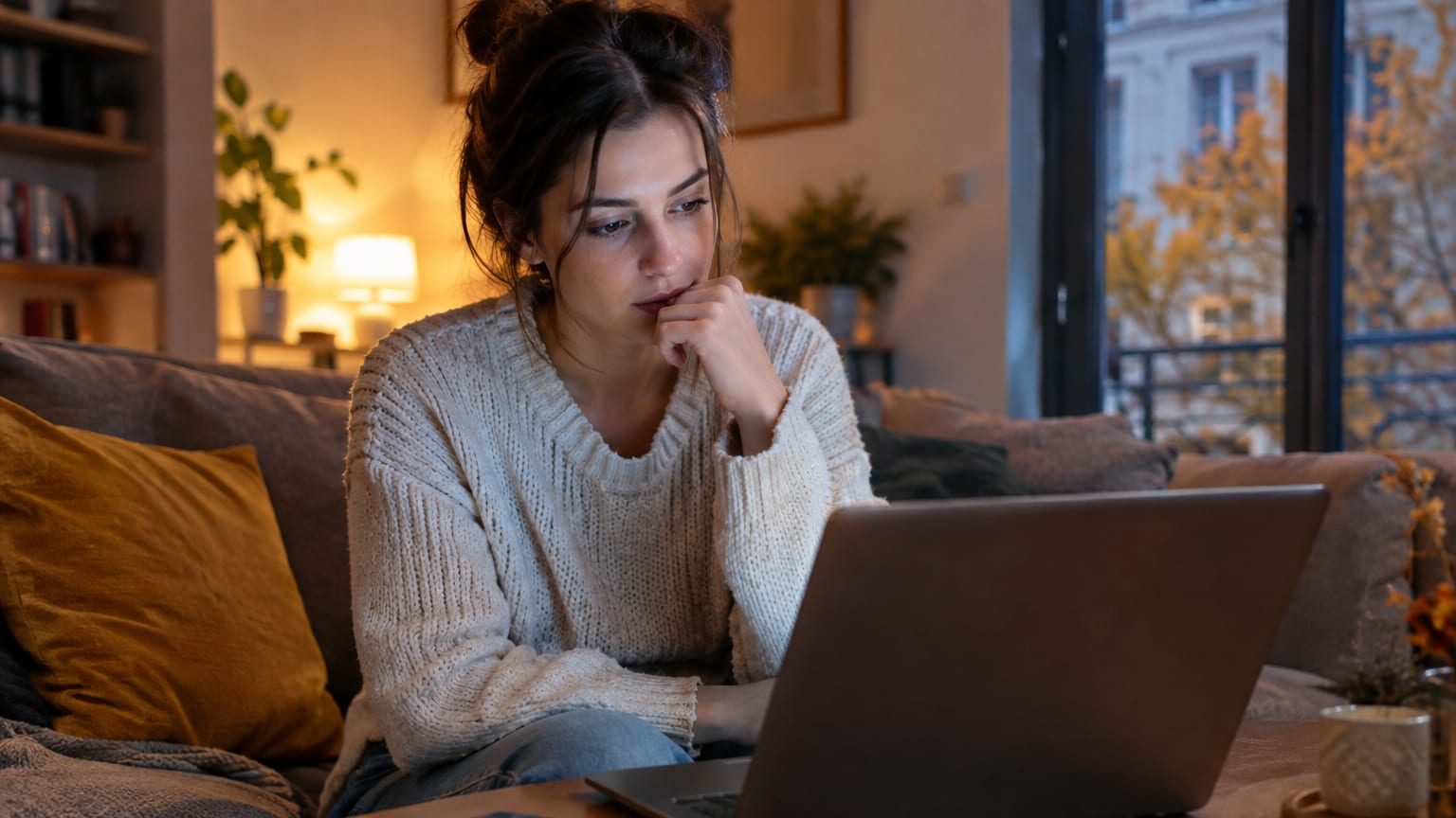 Une jeune femme hésite devant le choix d’un paiement en plusieurs fois lors d’un achat en ligne sur son ordinateur
