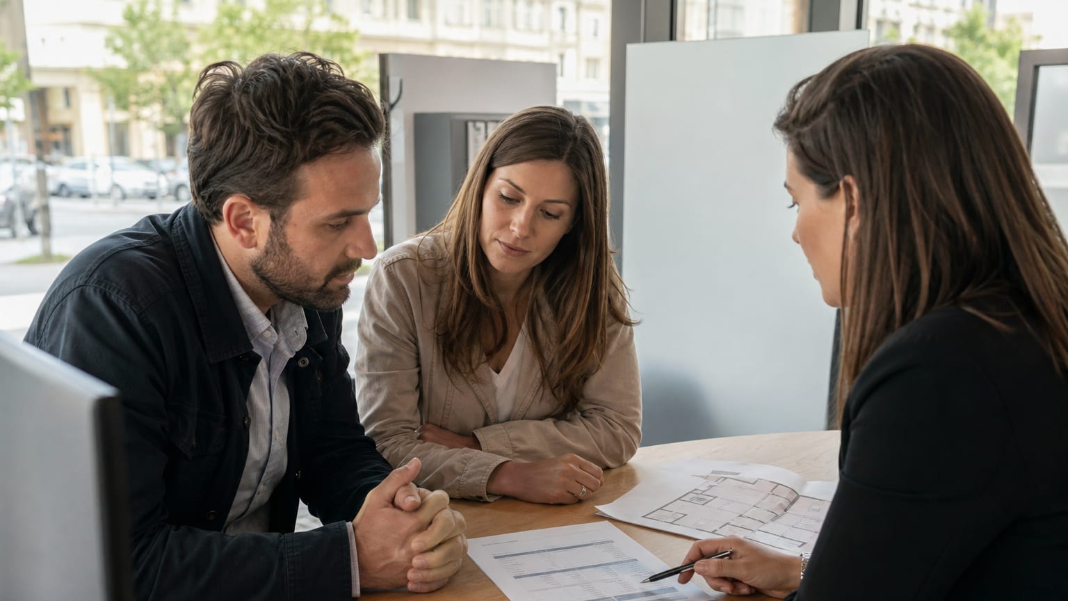 Un couple examine une simulation de prêt immobilier avec sa conseillère bancaire dans une agence