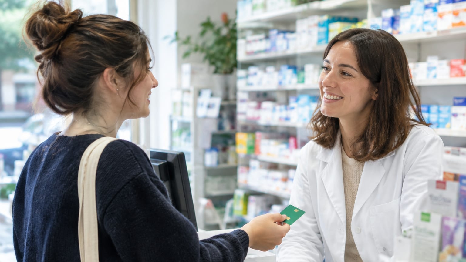 Une jeune femme échange avec une pharmacienne au comptoir d’une pharmacie