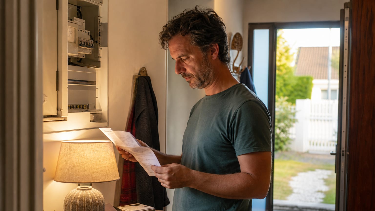 Un homme lit sa facture d’électricité près de son compteur, dans l’entrée d’une maison en France