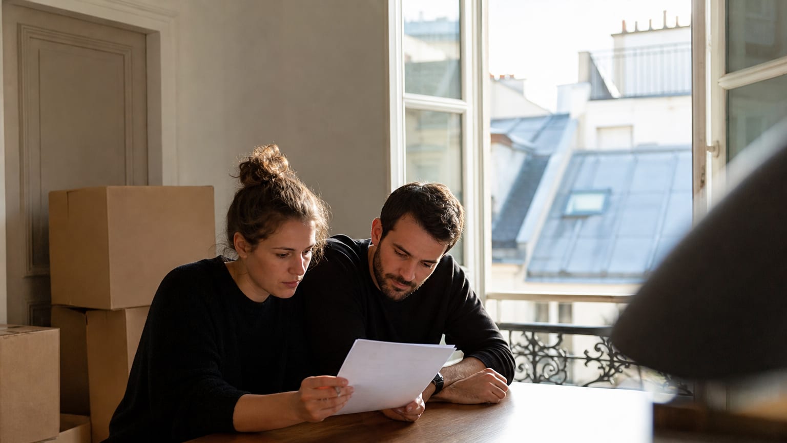 Un jeune couple relit son contrat de location à la table du salon d’un petit appartement parisien
