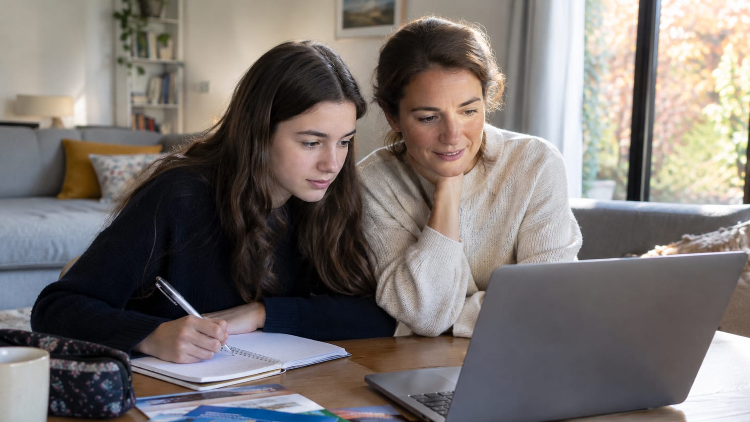 Une lycéenne et sa mère consultent des informations d’orientation sur un ordinateur portable