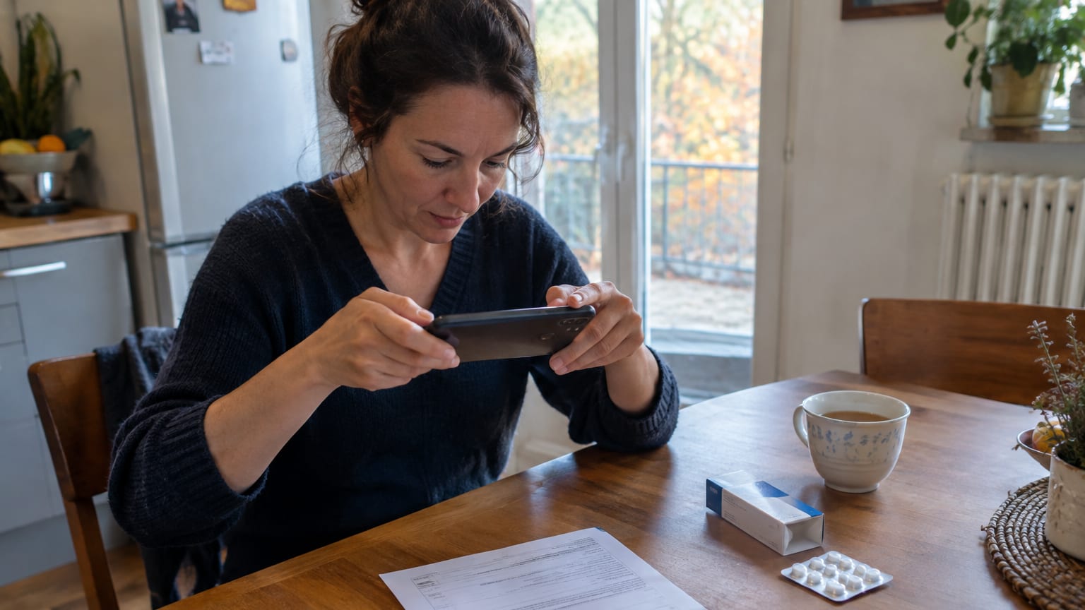 Une femme photographie une feuille de soins avec son smartphone sur la table de sa cuisine