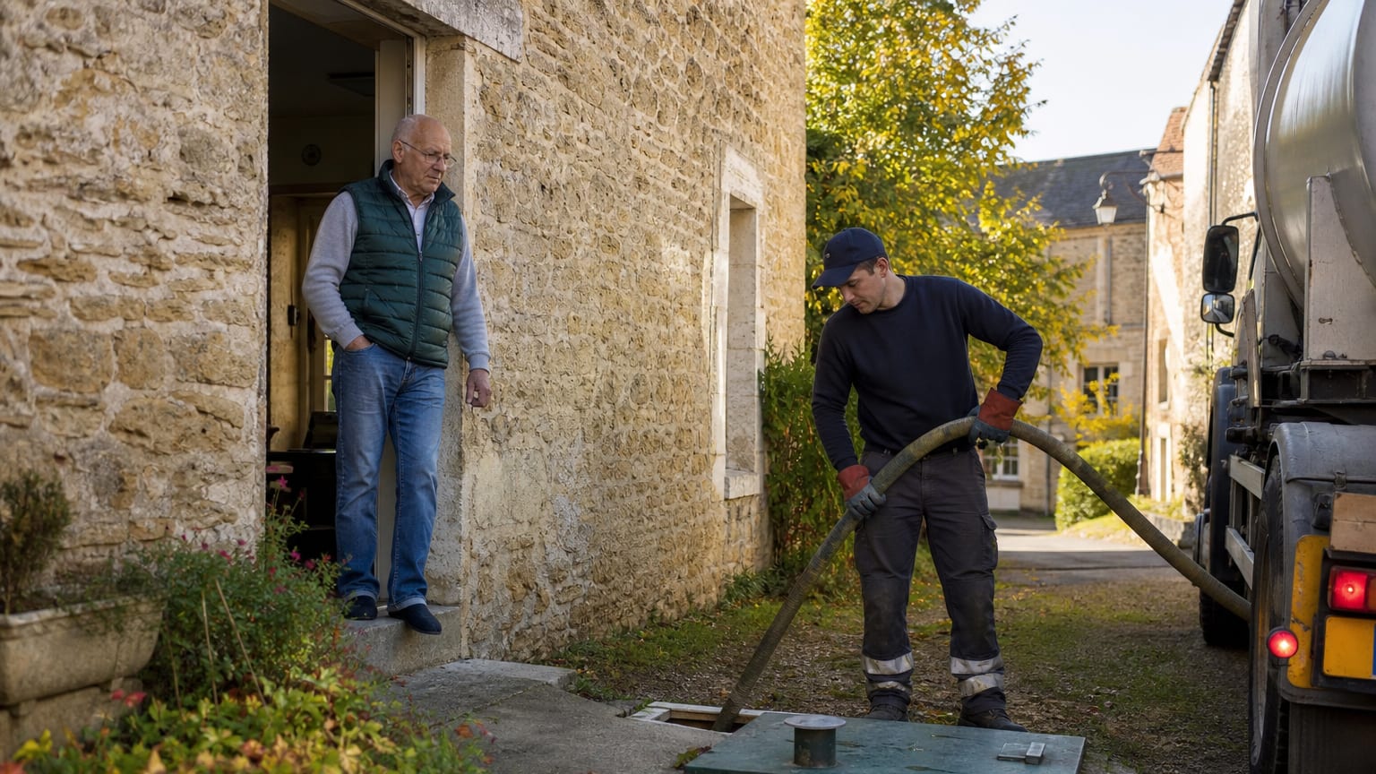 Un livreur de fioul remplit la cuve d’une maison de campagne sous le regard d’un retraité, un matin de septembre