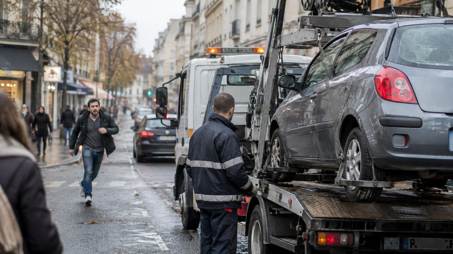 Une dépanneuse emporte une voiture mal garée dans une rue d’une ville française