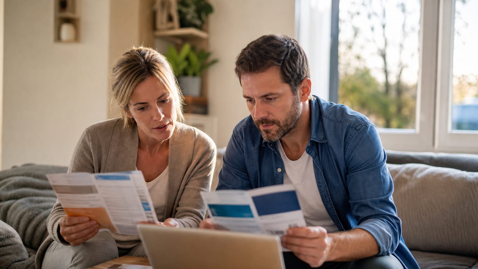 Un couple compare les tarifs de plusieurs banques sur un ordinateur portable dans son salon