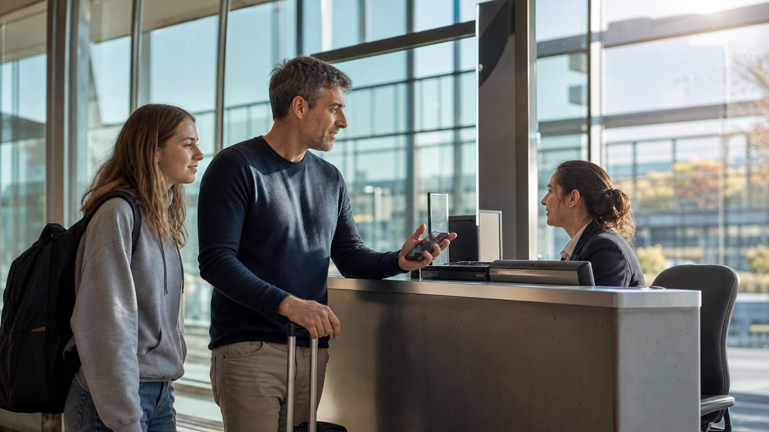 Un voyageur présente son téléphone à une agente au comptoir d’enregistrement d’un aéroport français