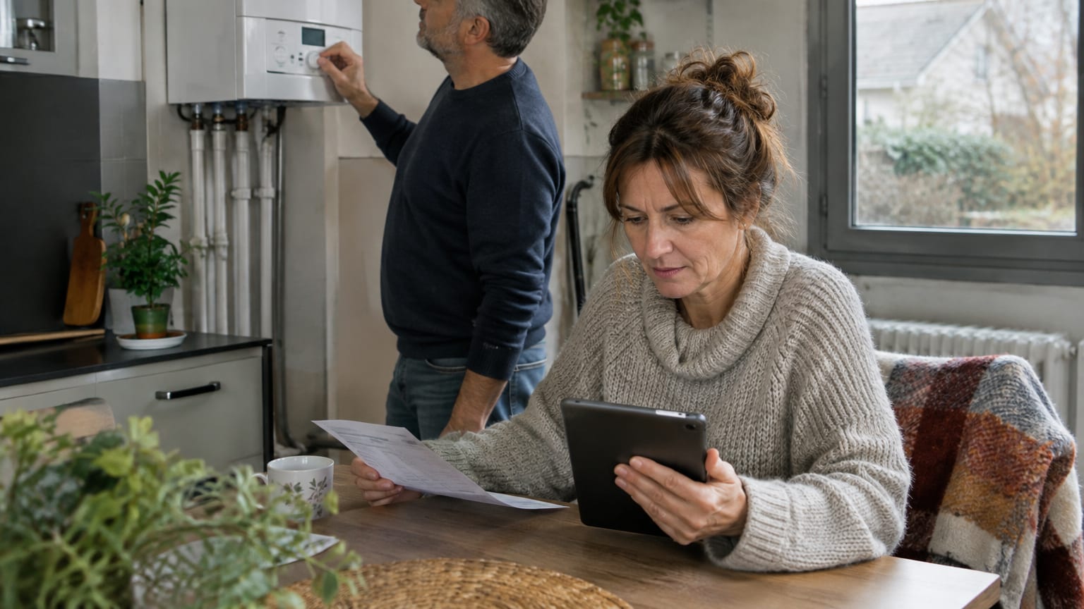 Un couple règle le chauffage au gaz de sa maison en regardant une facture d’énergie sur une tablette