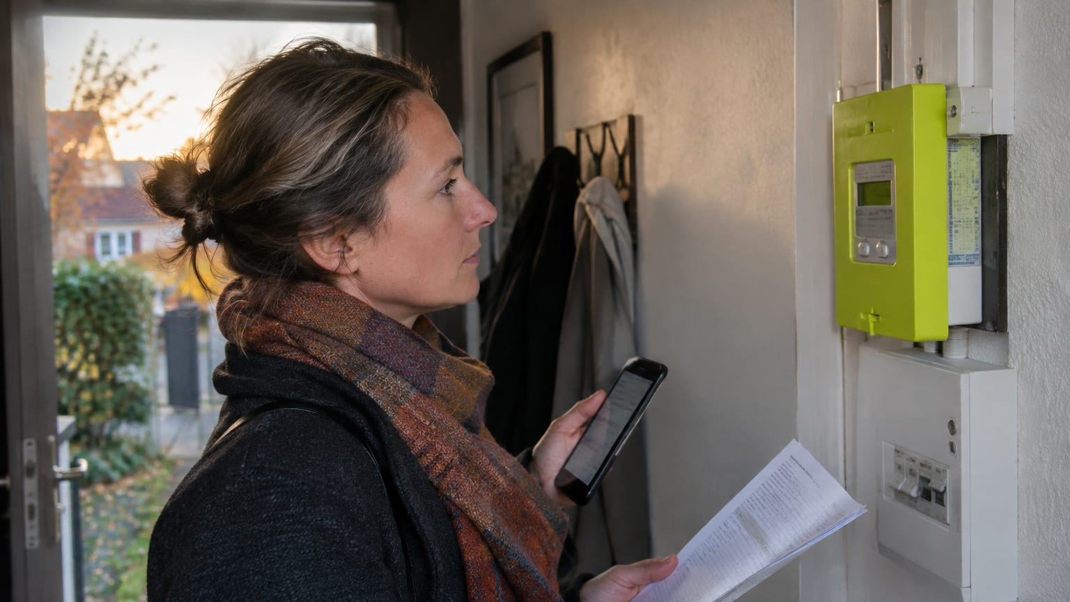 Une femme vérifie l’affichage d’un compteur électrique dans l’entrée de sa maison