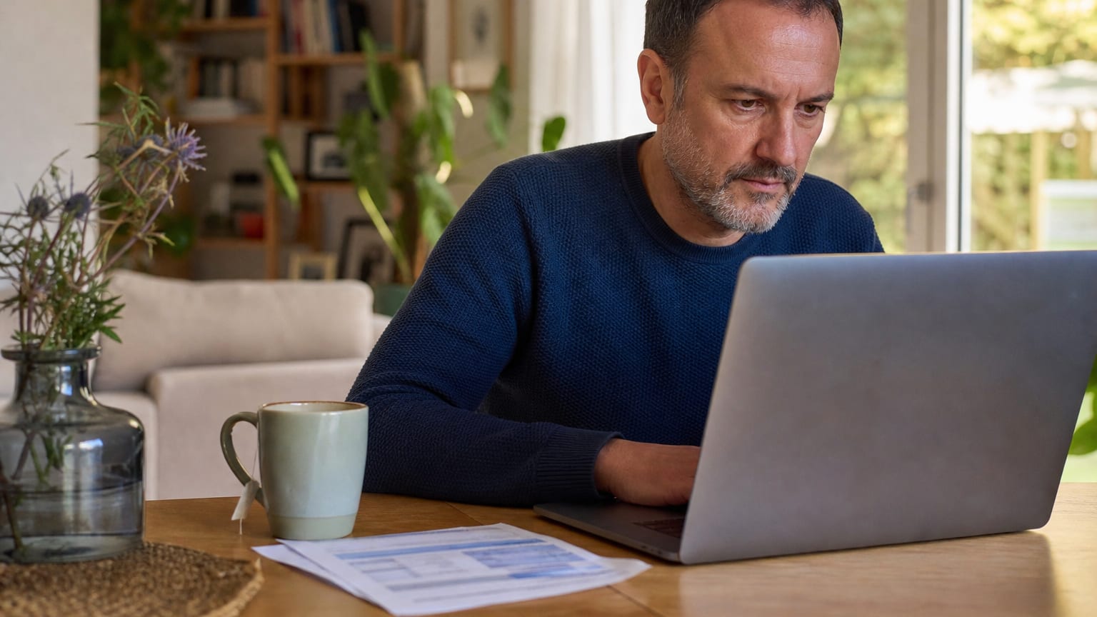 Un homme consulte son avis d’impôt sur son ordinateur portable, assis à la table du salon