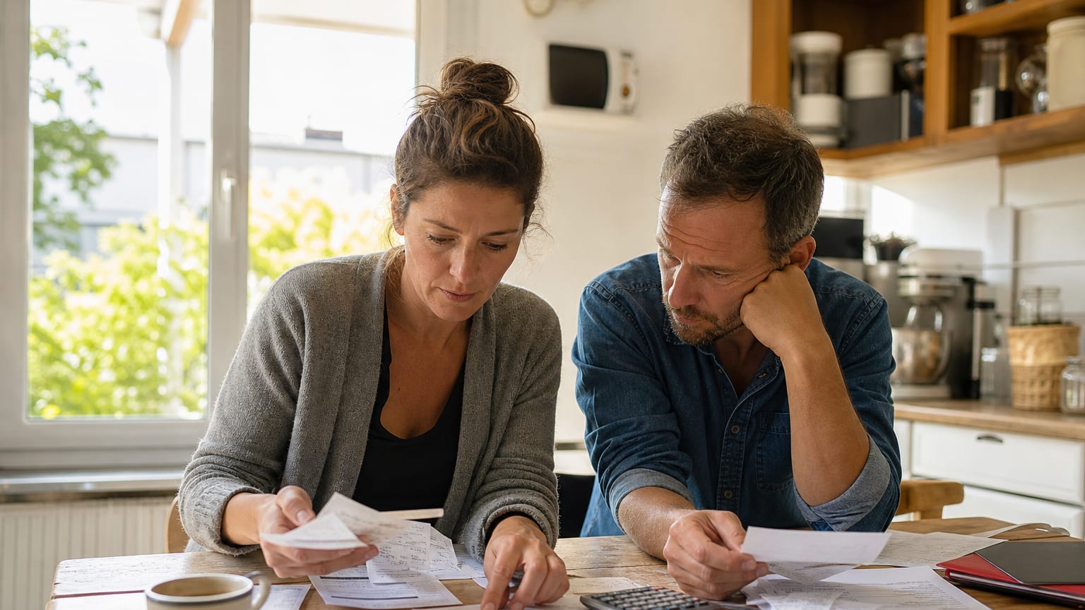 Un couple compare ses factures d’énergie et ses tickets de caisse à la table de la cuisine