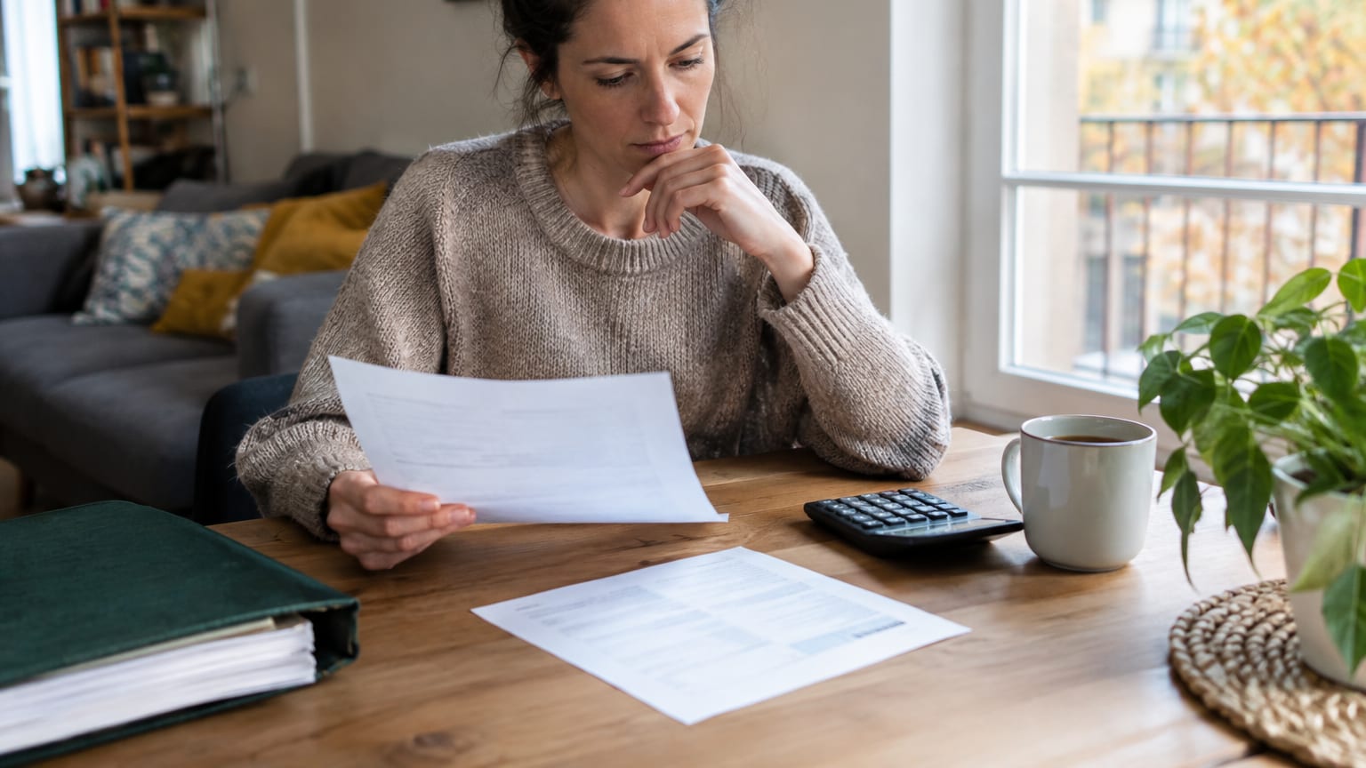 Une locataire compare son bail et un courrier de son propriétaire avec une calculatrice sur la table du salon