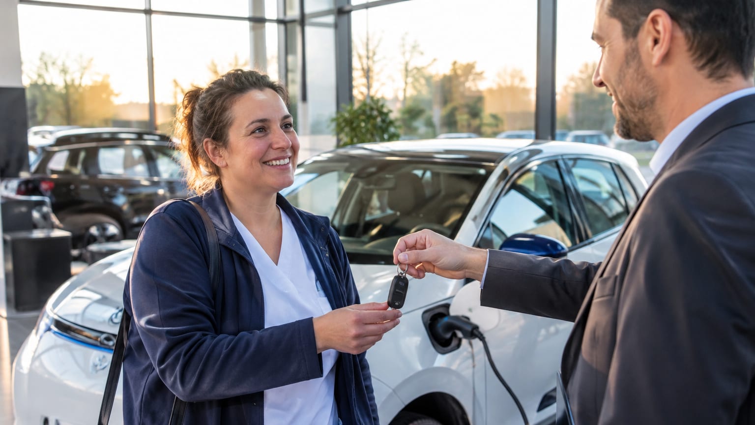 Une femme récupère les clés d’une petite voiture électrique neuve chez un concessionnaire