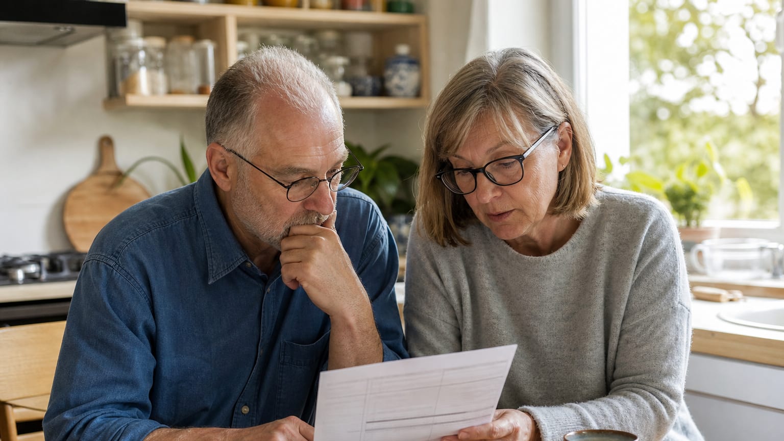 Un couple de retraités consulte son livret d’épargne à la table de la cuisine, un carnet et une calculatrice posés devant eux