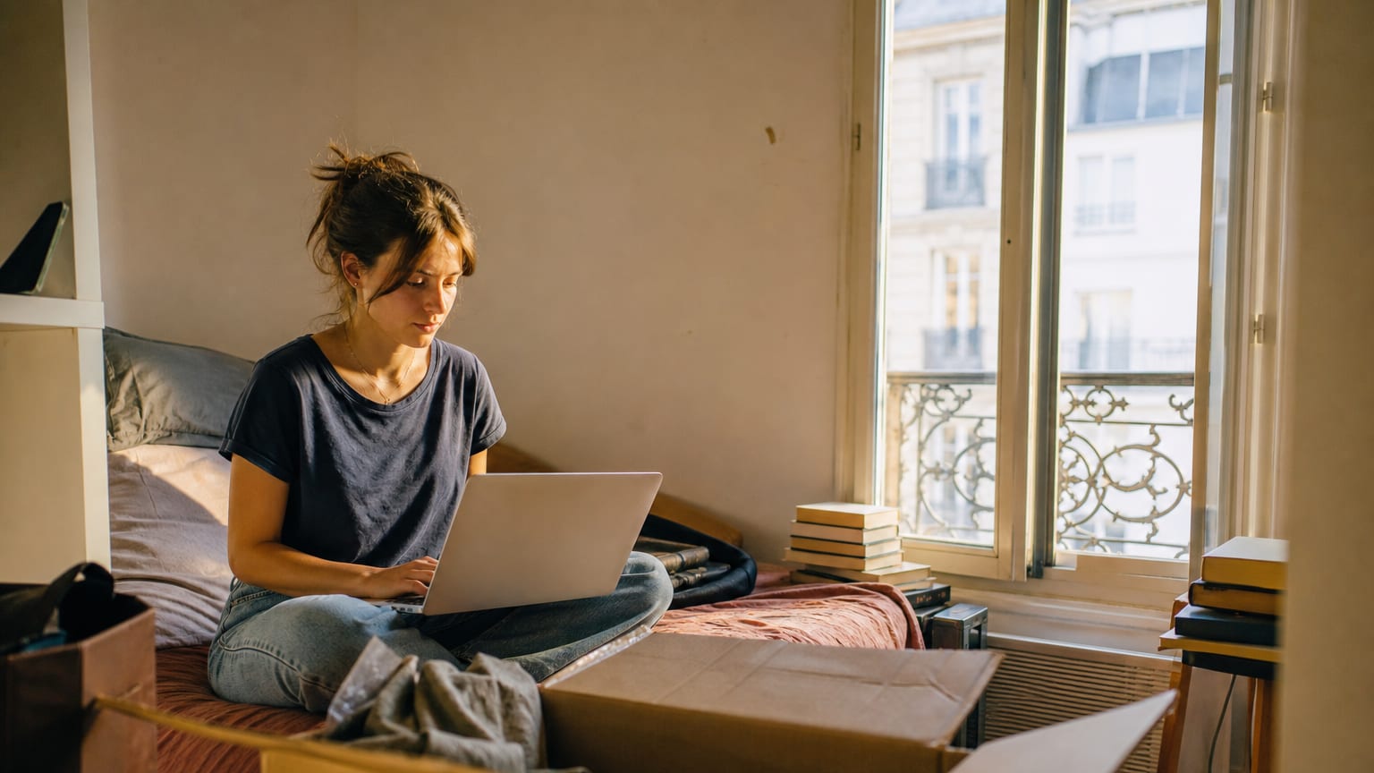 Une étudiante remplit sa demande d’aide au logement sur son ordinateur portable dans son studio