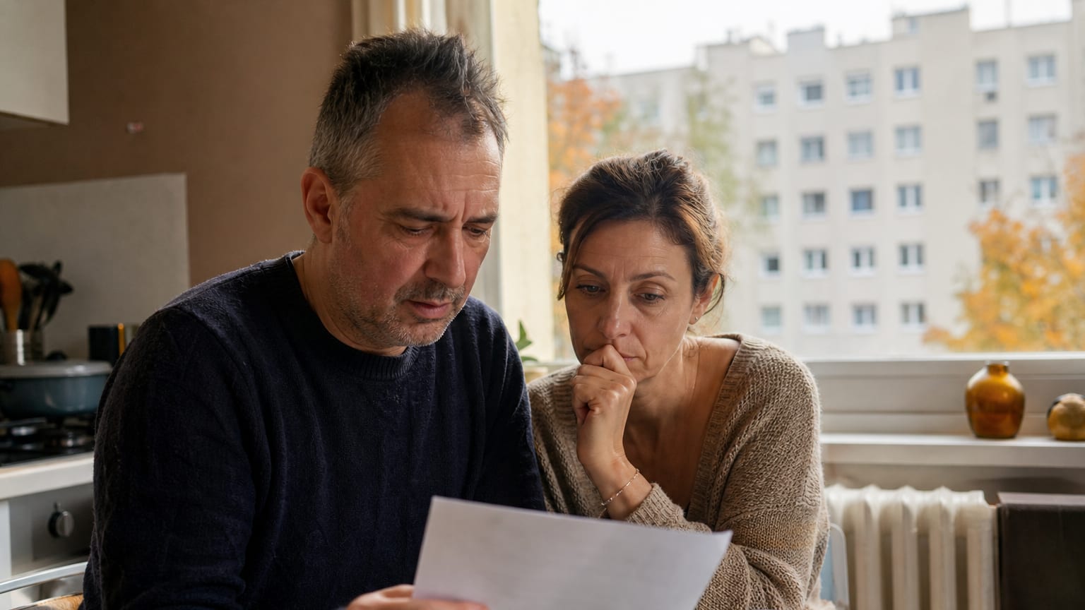 Un couple lit un courrier de son bailleur social dans la cuisine de son appartement HLM