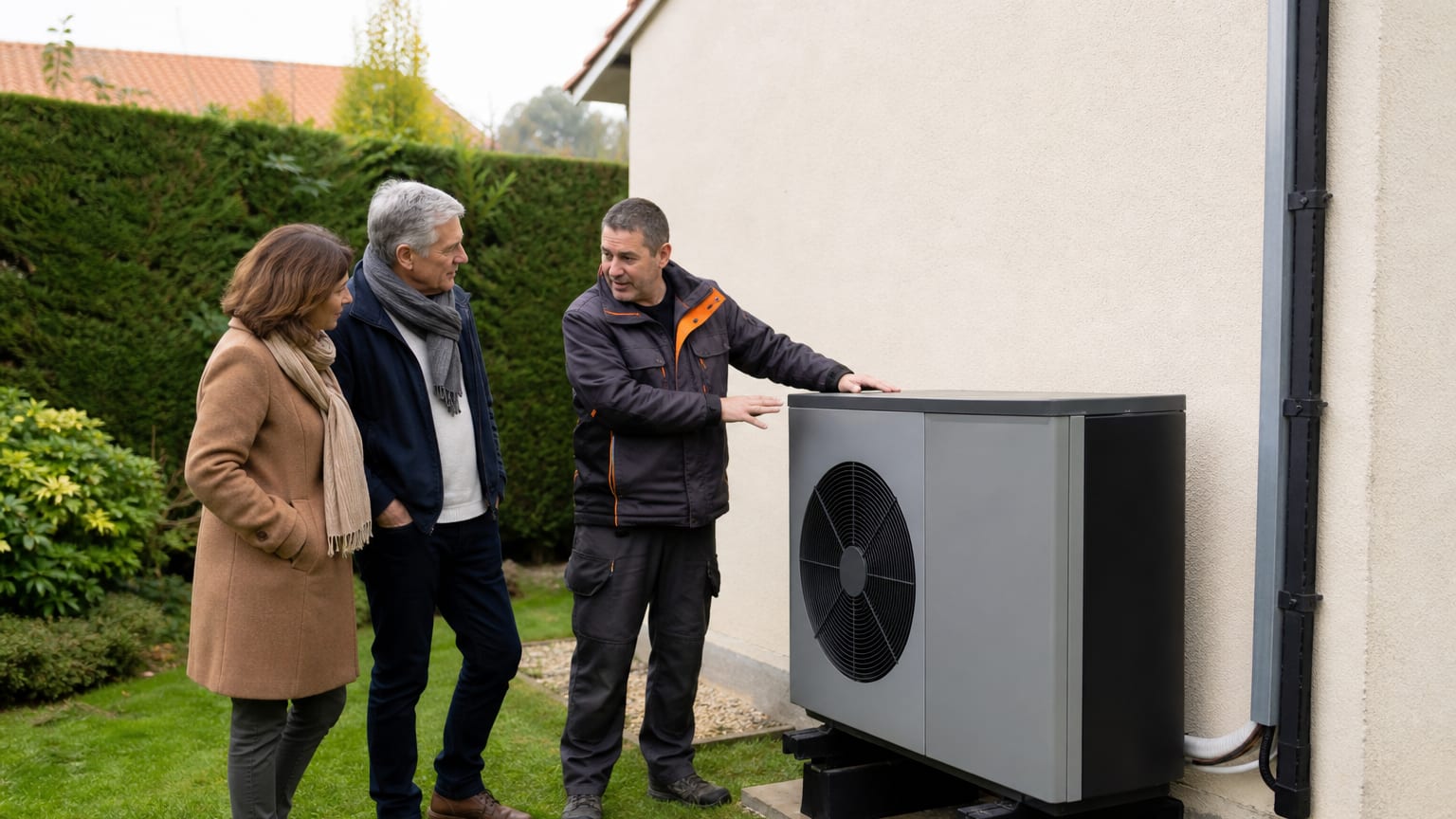 Un artisan et un couple examinent une pompe à chaleur installée contre le mur d’une maison, un matin de septembre