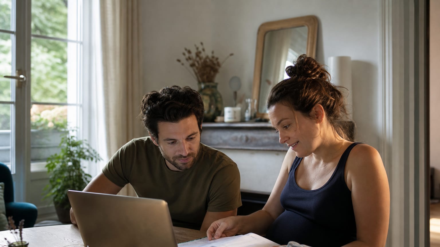 Un couple attend son premier enfant et prépare un dossier Caf à la table de son salon