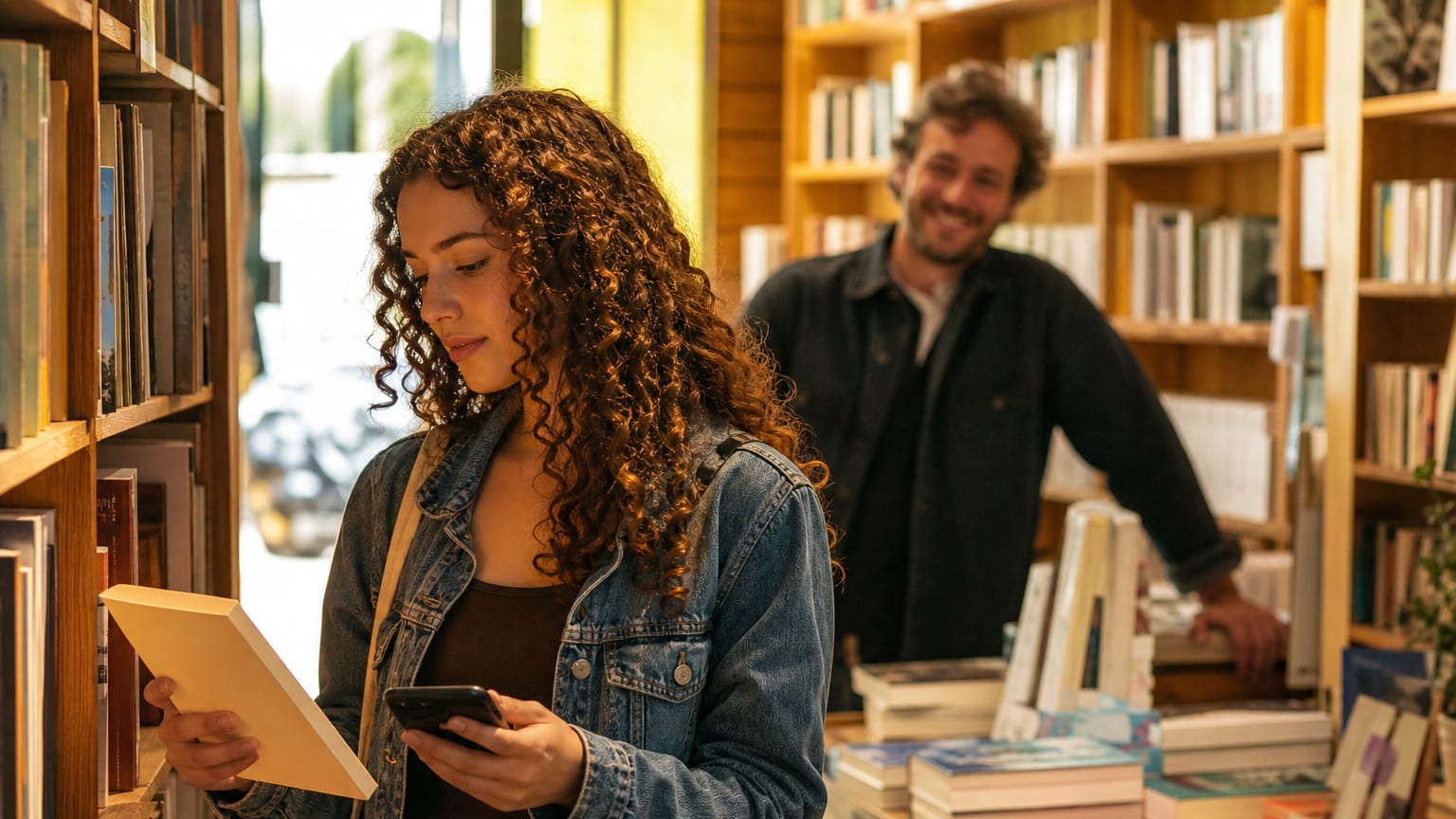 Une lycéenne choisit un livre dans une librairie, son téléphone à la main