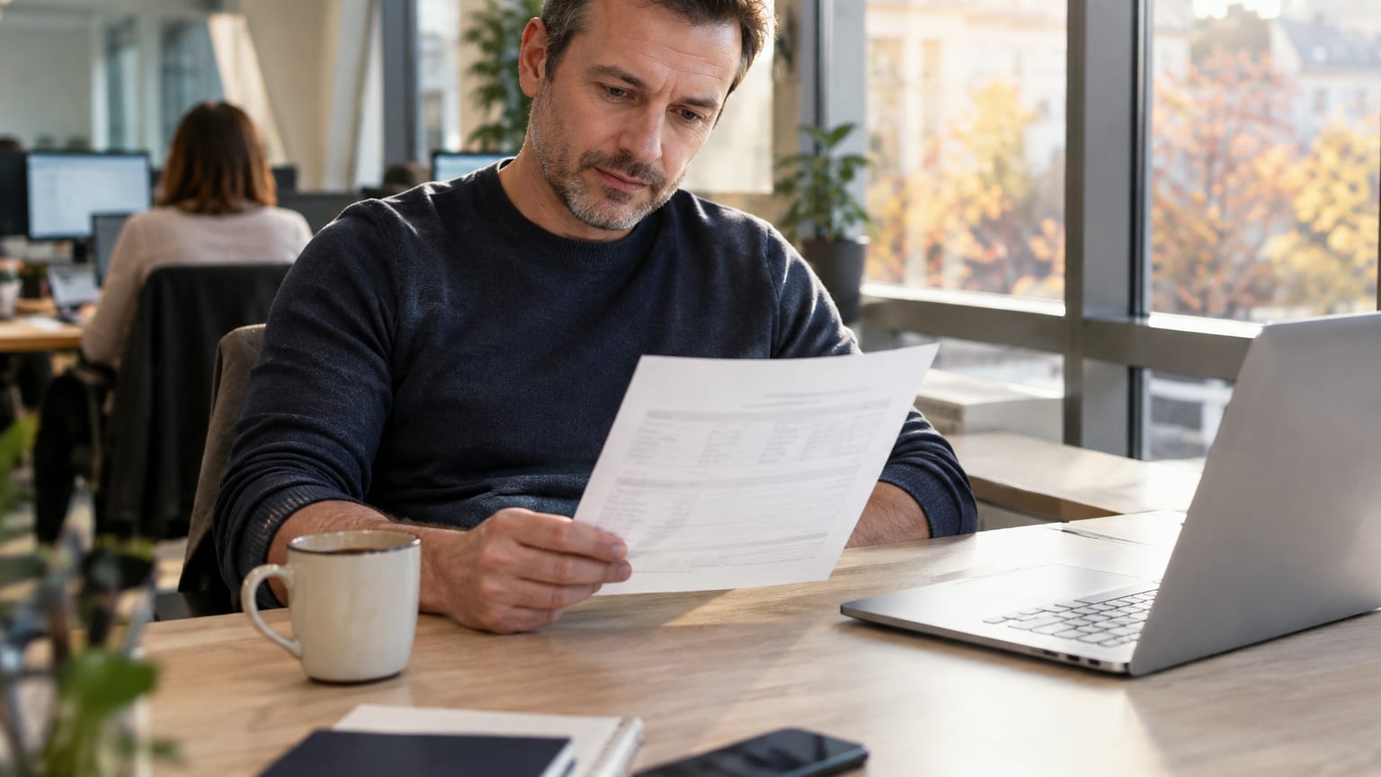 Un salarié consulte sa fiche de paie à son bureau en fin de journée