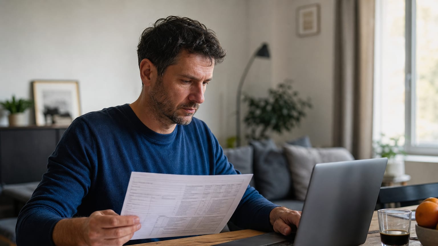 Un homme compare son bulletin de paie et son avis d’impôt sur son ordinateur portable, dans son salon