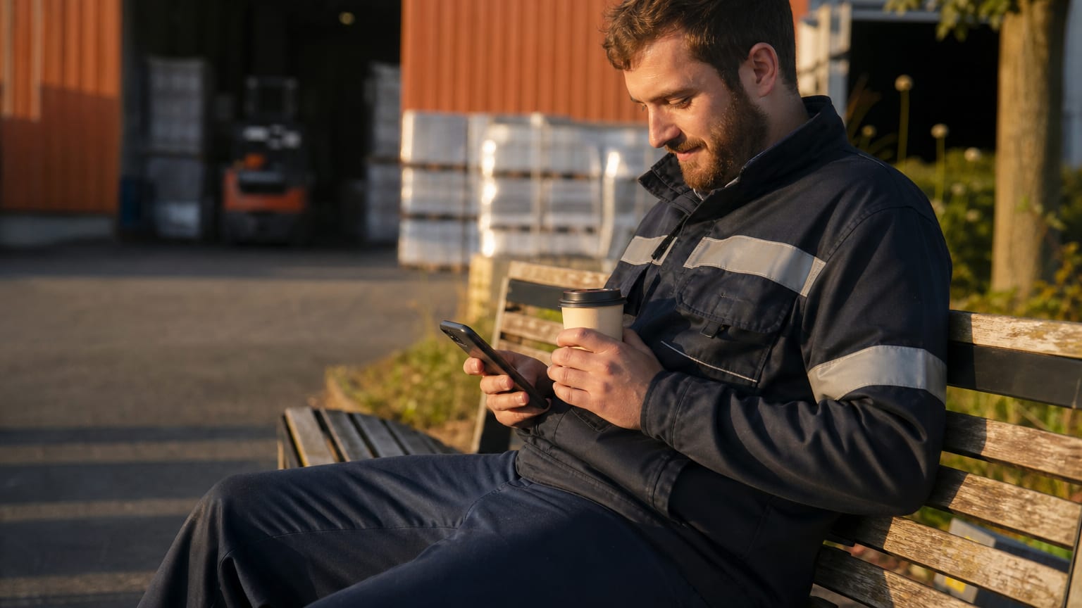 Un jeune salarié en tenue de travail consulte son espace Caf sur son téléphone pendant sa pause