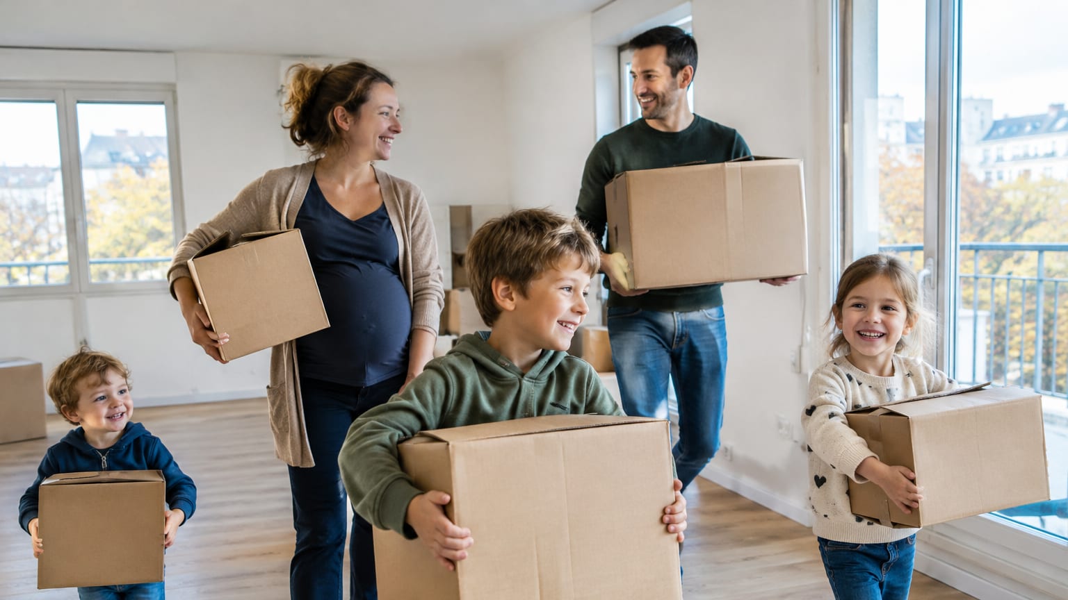 Un couple et leurs trois enfants portent des cartons dans leur nouveau logement