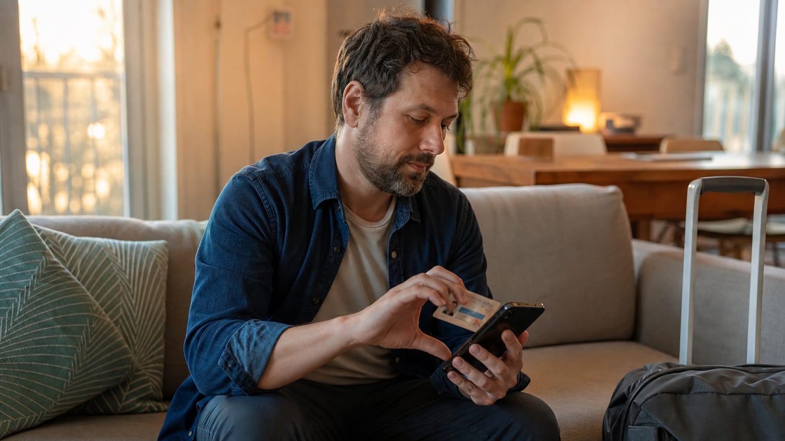 Un homme approche sa carte d’identité de son smartphone pour la lire en NFC, assis dans son salon