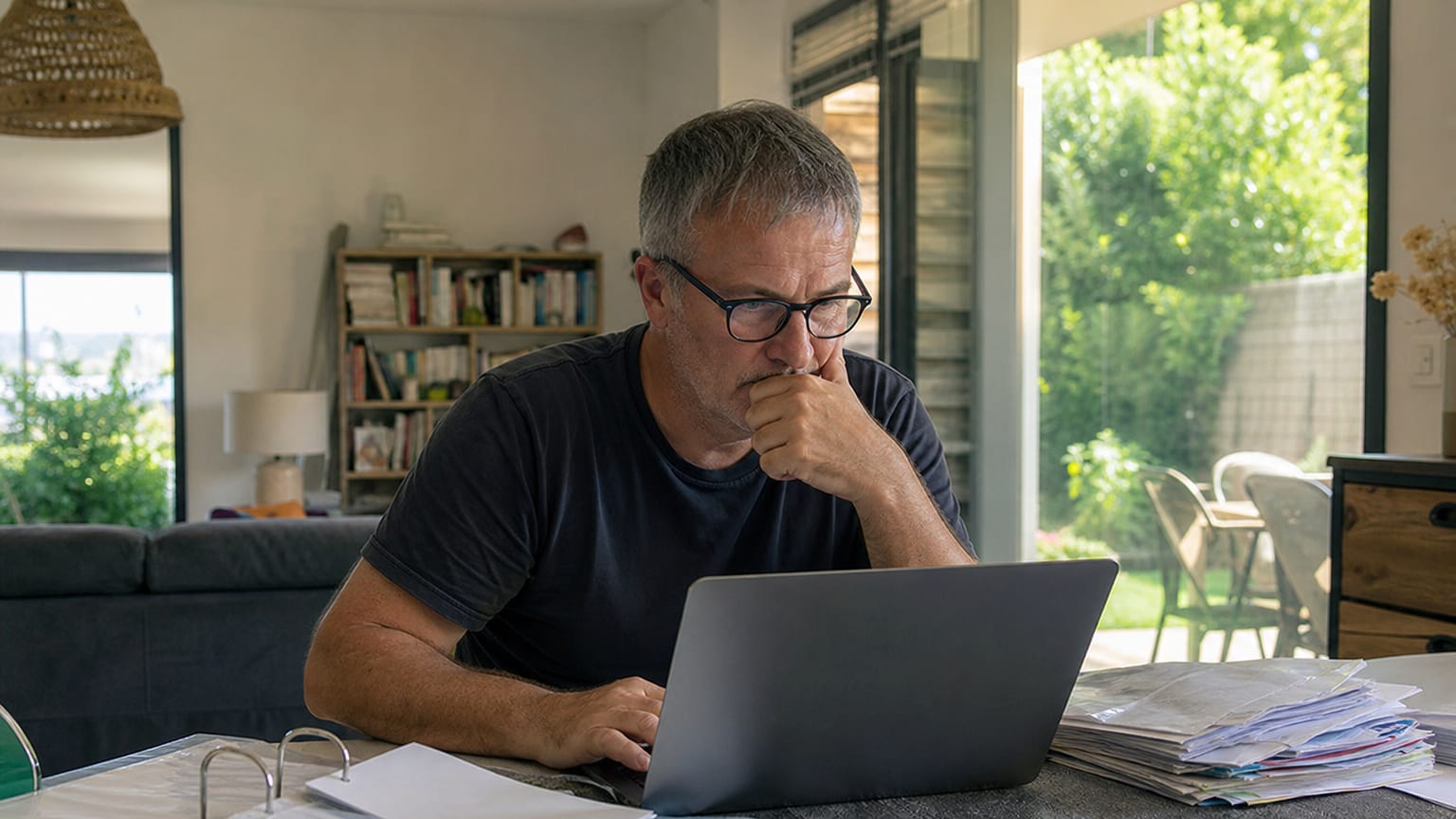 Un homme d’une cinquantaine d’années vérifie son relevé de carrière sur un ordinateur portable, des bulletins de paie à côté