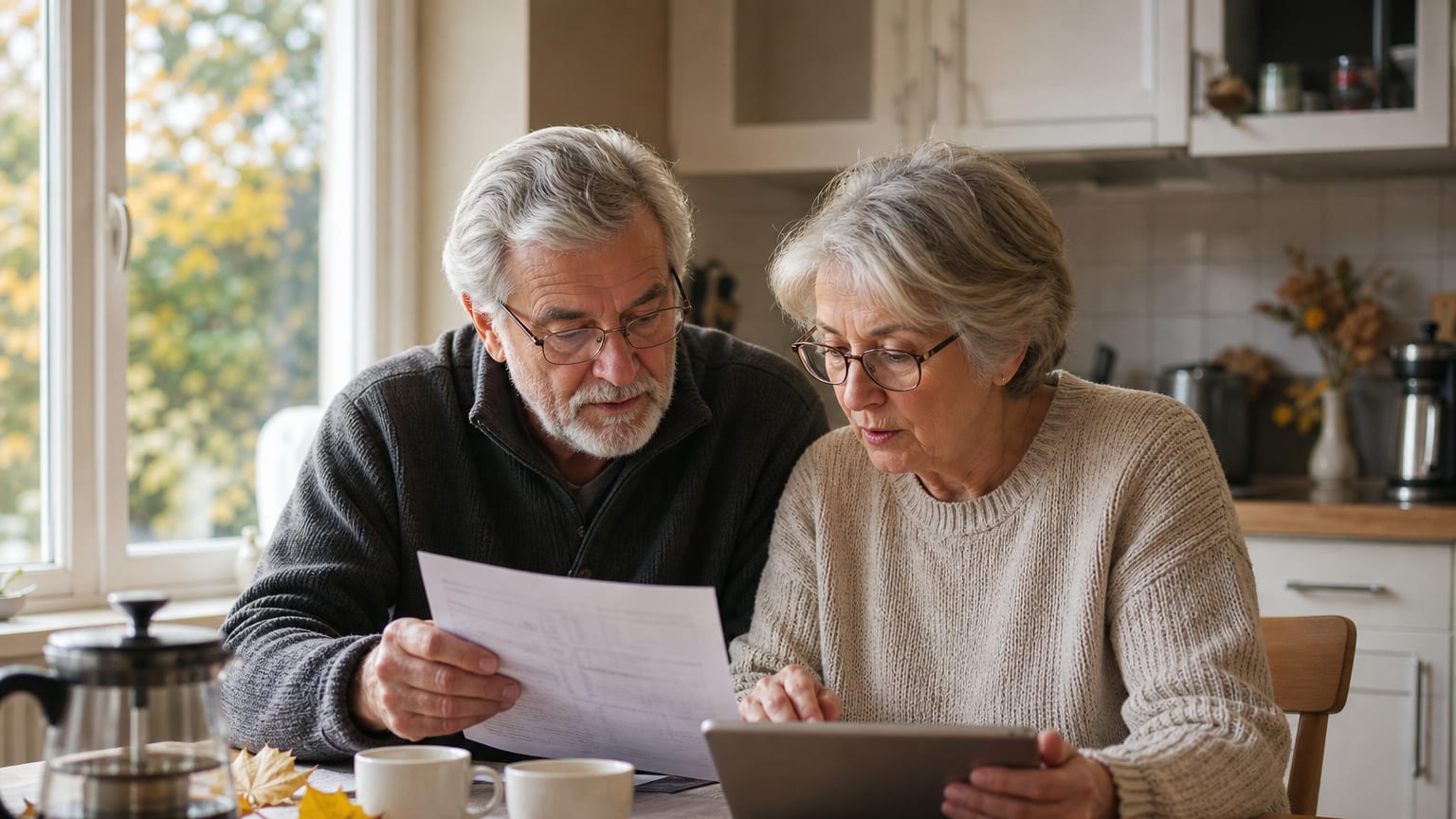 Un couple de retraités consulte son relevé bancaire à la table de la cuisine, un matin d’automne