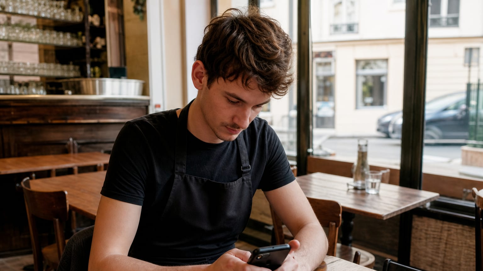 Un jeune employé de restauration lit sa fiche de paie sur son téléphone, dans la salle vide d’un café en France
